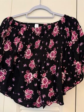 Women’s Black Floral Off-Shoulder Top with Pink Flower Print